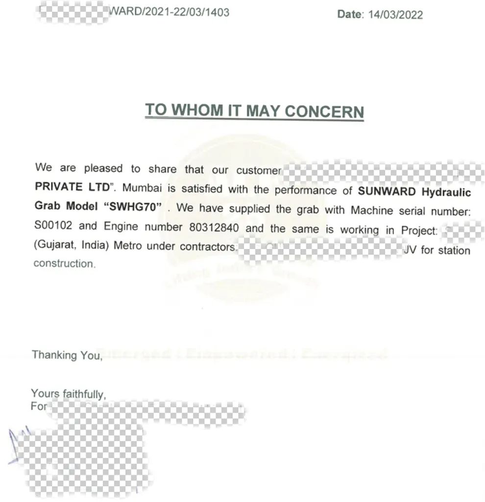 感謝信！山河智能SWHG70液壓抓斗助力海外基礎施工獲肯定
