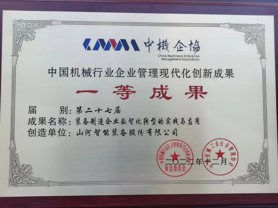 厲害！山河智能喜獲第二十七屆中國機械行業(yè)企業(yè)管理現代化創(chuàng  )新成果一等獎
