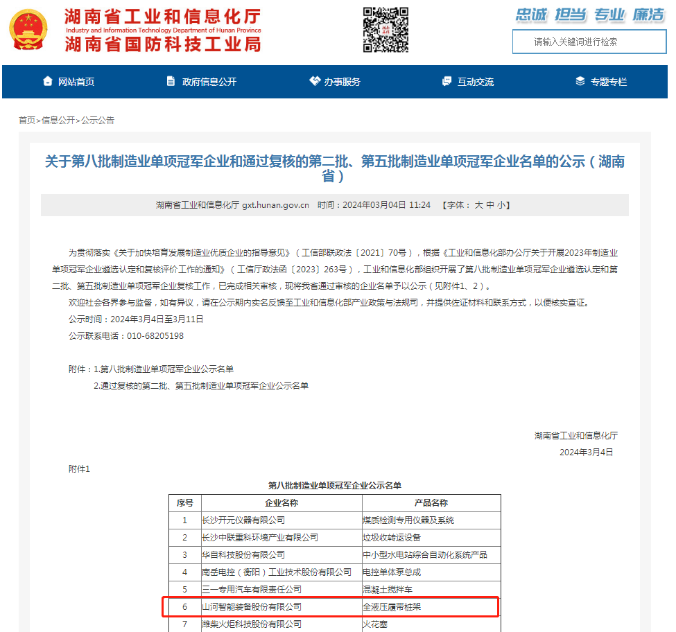 單冠三連！山河智能再獲國家制造業(yè)單項冠軍